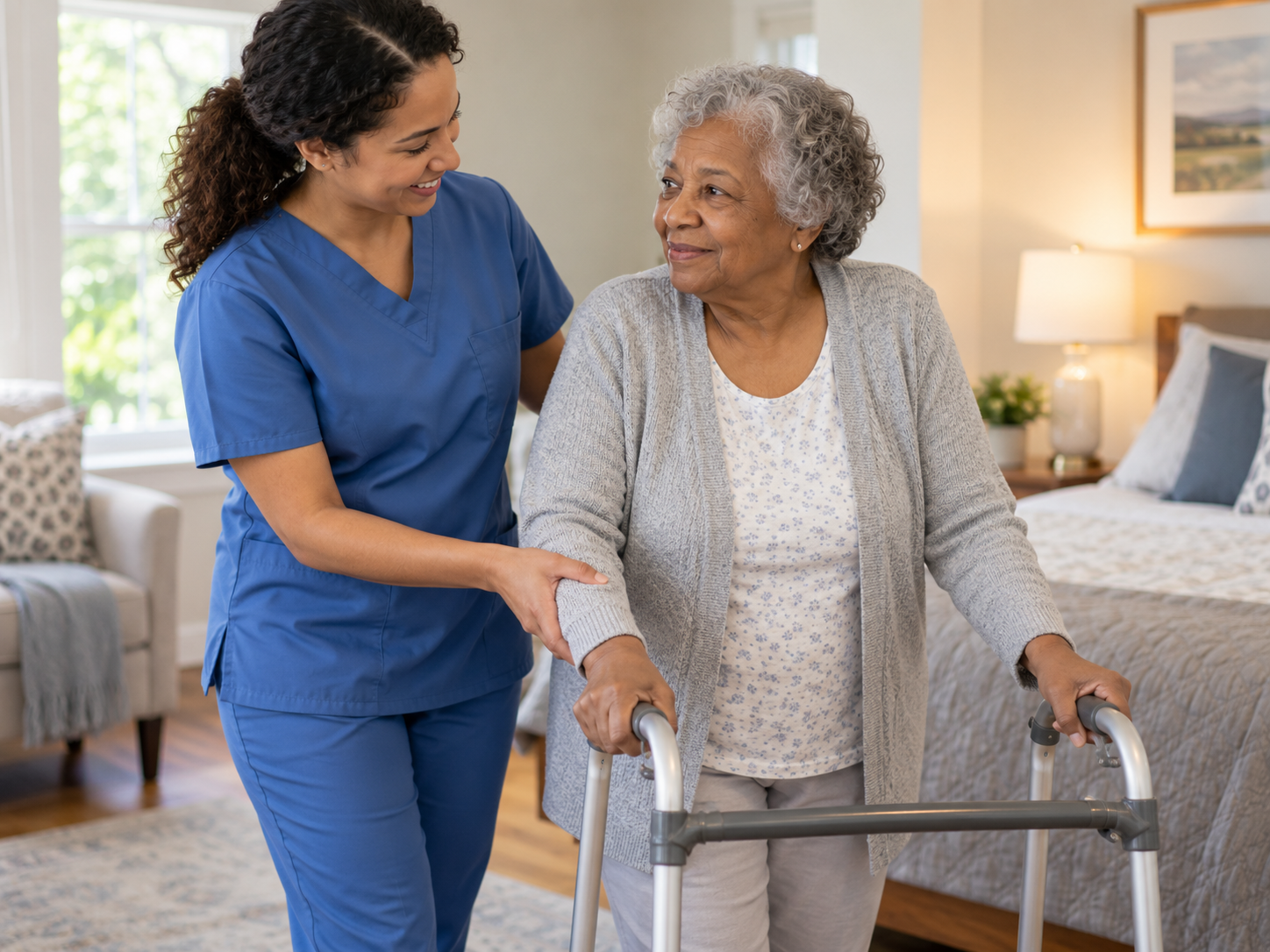 Home health aide supporting an older adult safely at home
