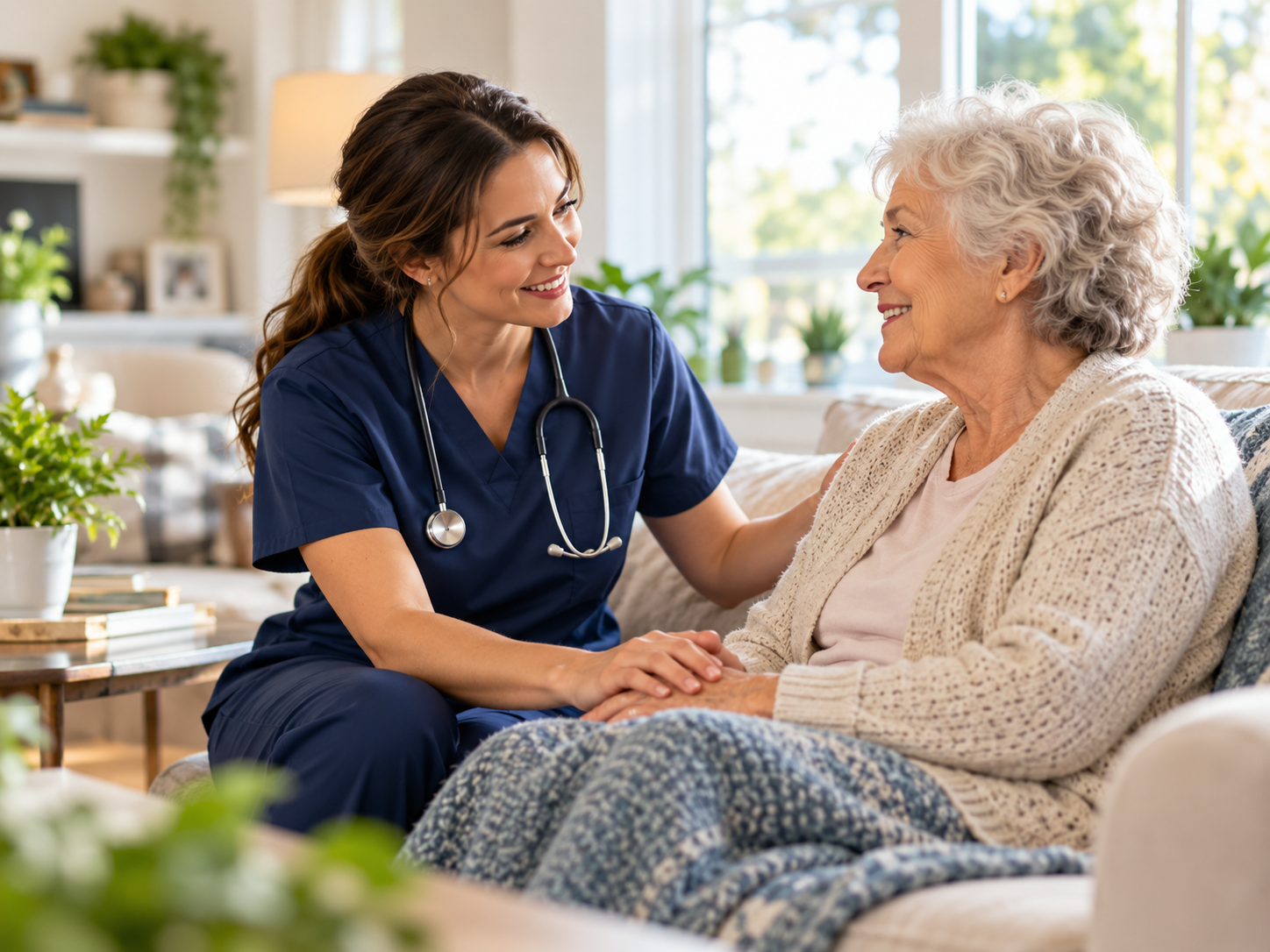Compassionate caregiver helping an older adult safely at home