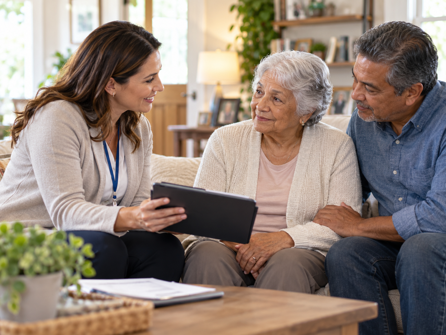Medical social worker meeting with a patient and family at home