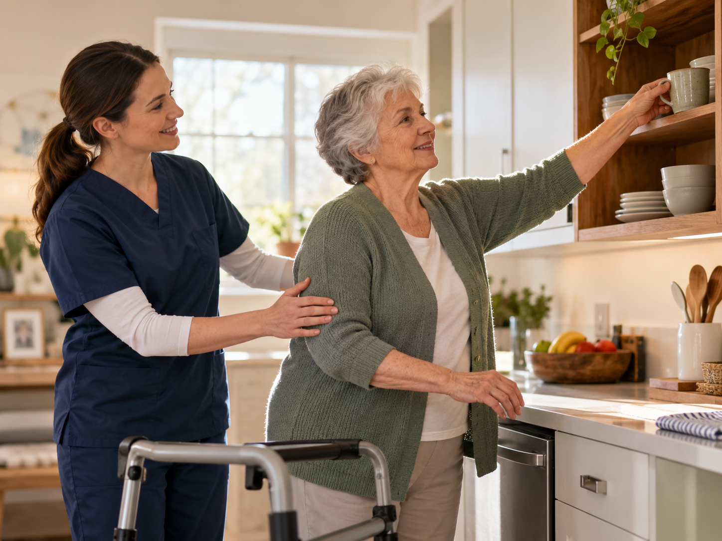 Occupational therapist helping an older adult practice daily living tasks at home