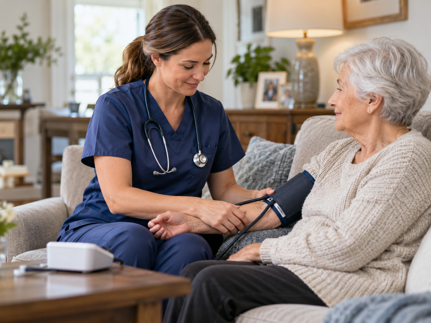 Skilled nurse checking an older adult patient during a home visit