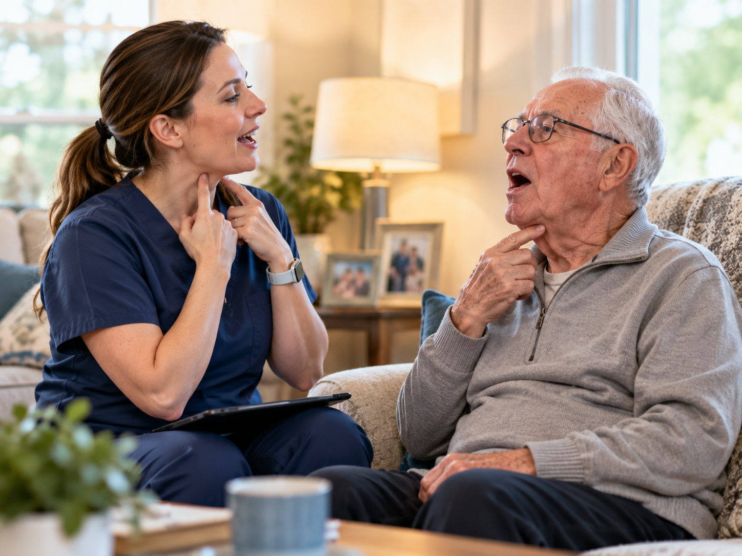 Speech therapist working with an older adult patient during a home visit